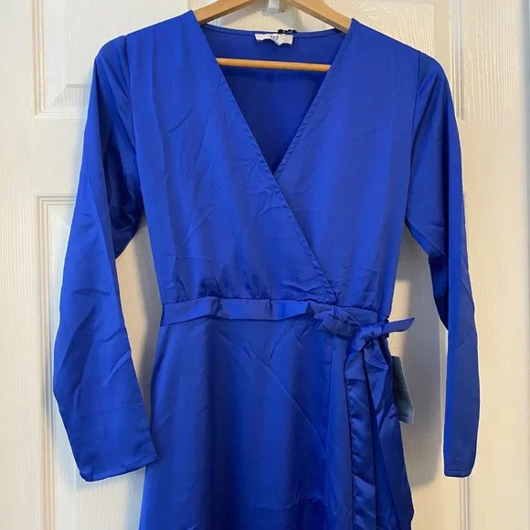NSR Nordstrom Long Sleeve Faux Wrap Around Maxi Dress - Small - Royal Blue NWT - Picture 3 of 5